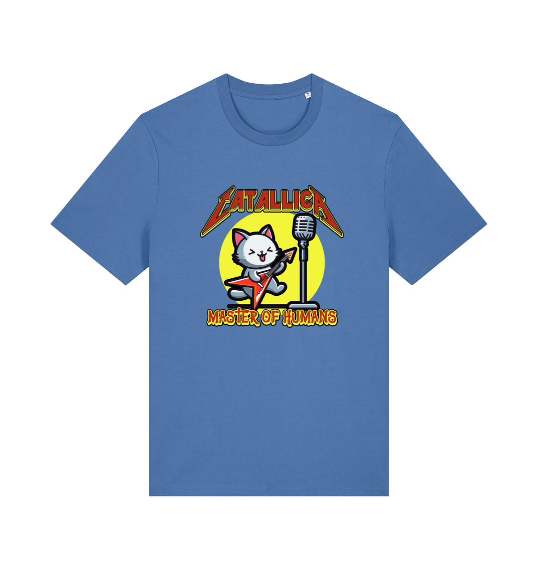 blue music t-shirt with the graphic of a cat playing the guitar