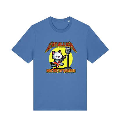 blue music t-shirt with the graphic of a cat playing the guitar