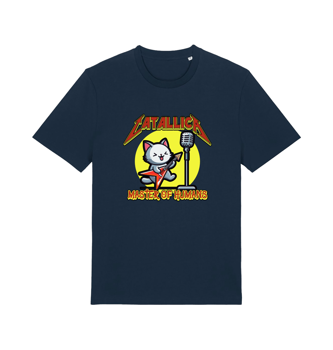 navy music t-shirt with the graphic of a cat playing the guitar