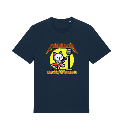 navy music t-shirt with the graphic of a cat playing the guitar