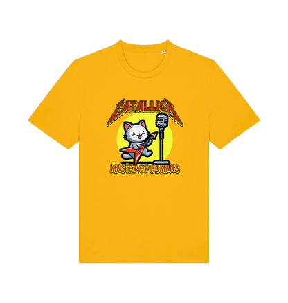 yellow music t-shirt with the graphic of a cat playing the guitar