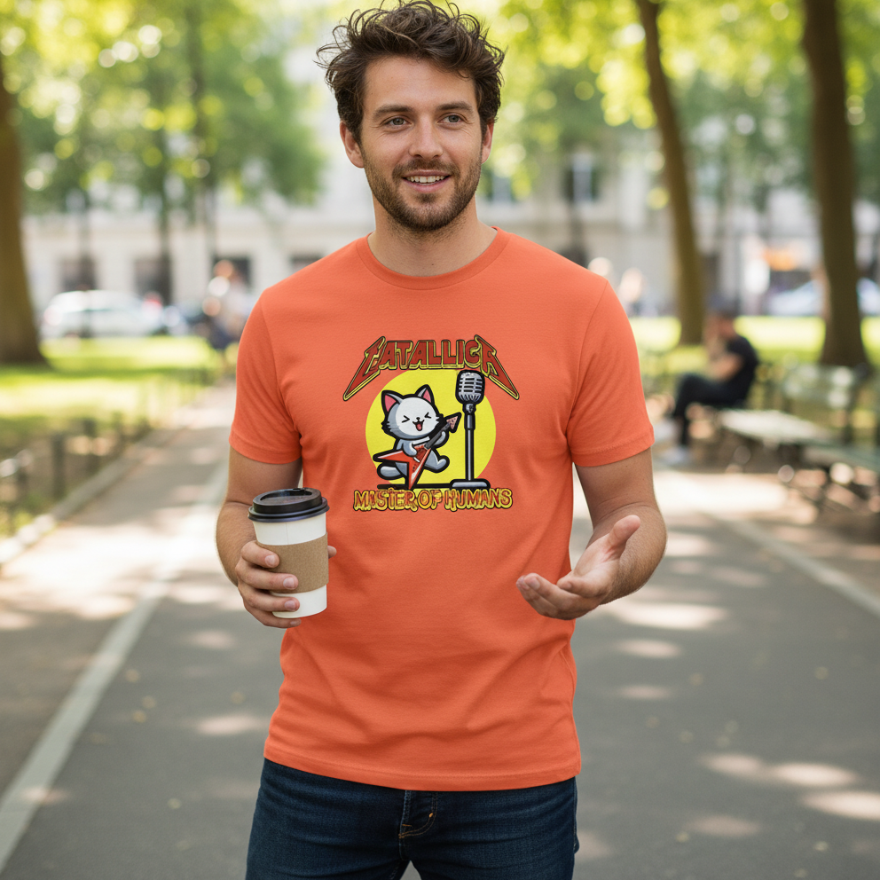 Man wearing an orange t-shirt with a graphic design, holding a coffee cup in a park.