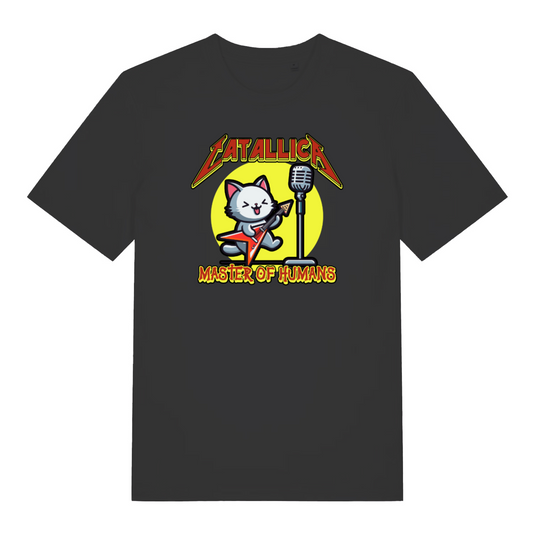 black music t-shirt with the graphic of a cat playing a guitar and the slogan 'catallica'