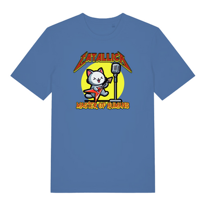 blue music t-shirt with the graphic of a cat playing a guitar and the slogan 'catallica'