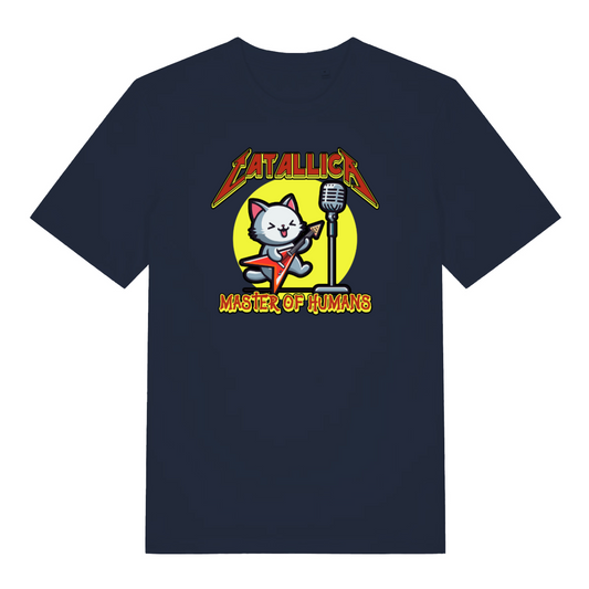 navy music t-shirt with the graphic of a cat playing a guitar and the slogan 'catallica'