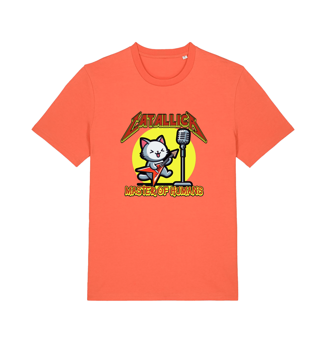orange music t-shirt with the graphic of a cat playing the guitar