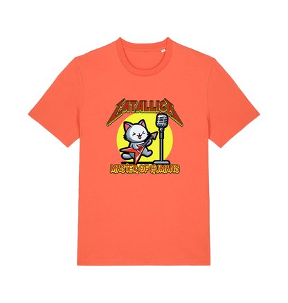 orange music t-shirt with the graphic of a cat playing the guitar