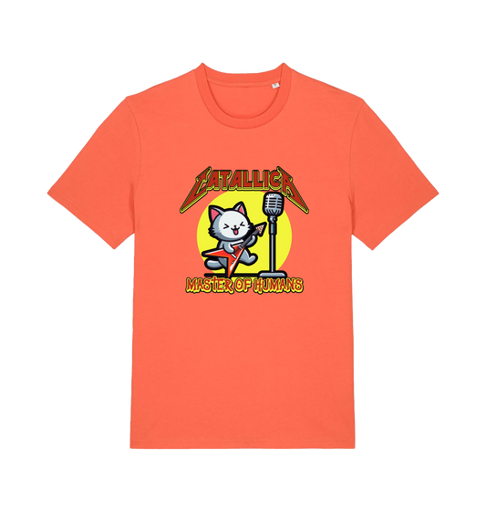 orange music t-shirt with the graphic of a cat playing the guitar