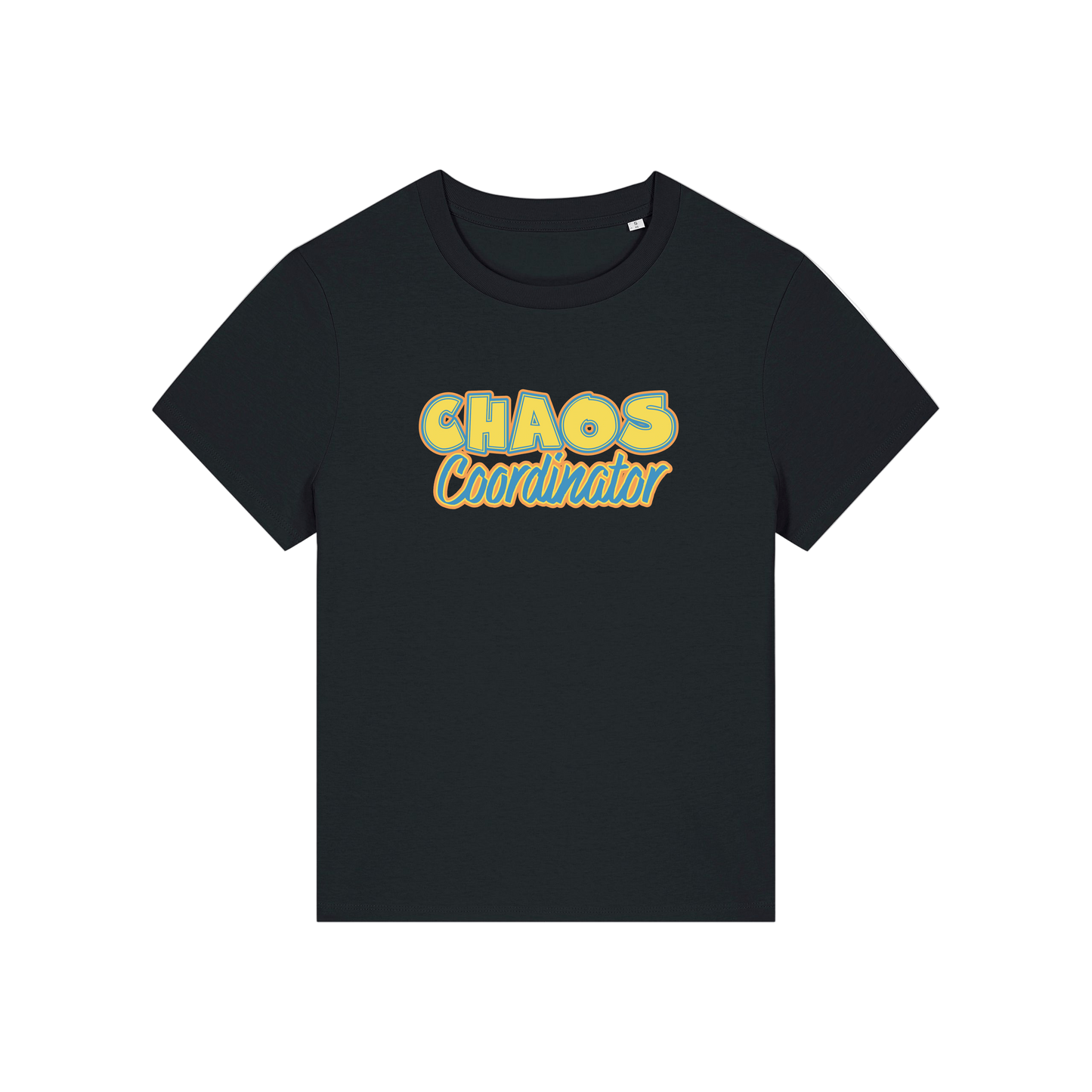 black slogan t-shirt with 'chaos coordinator'
