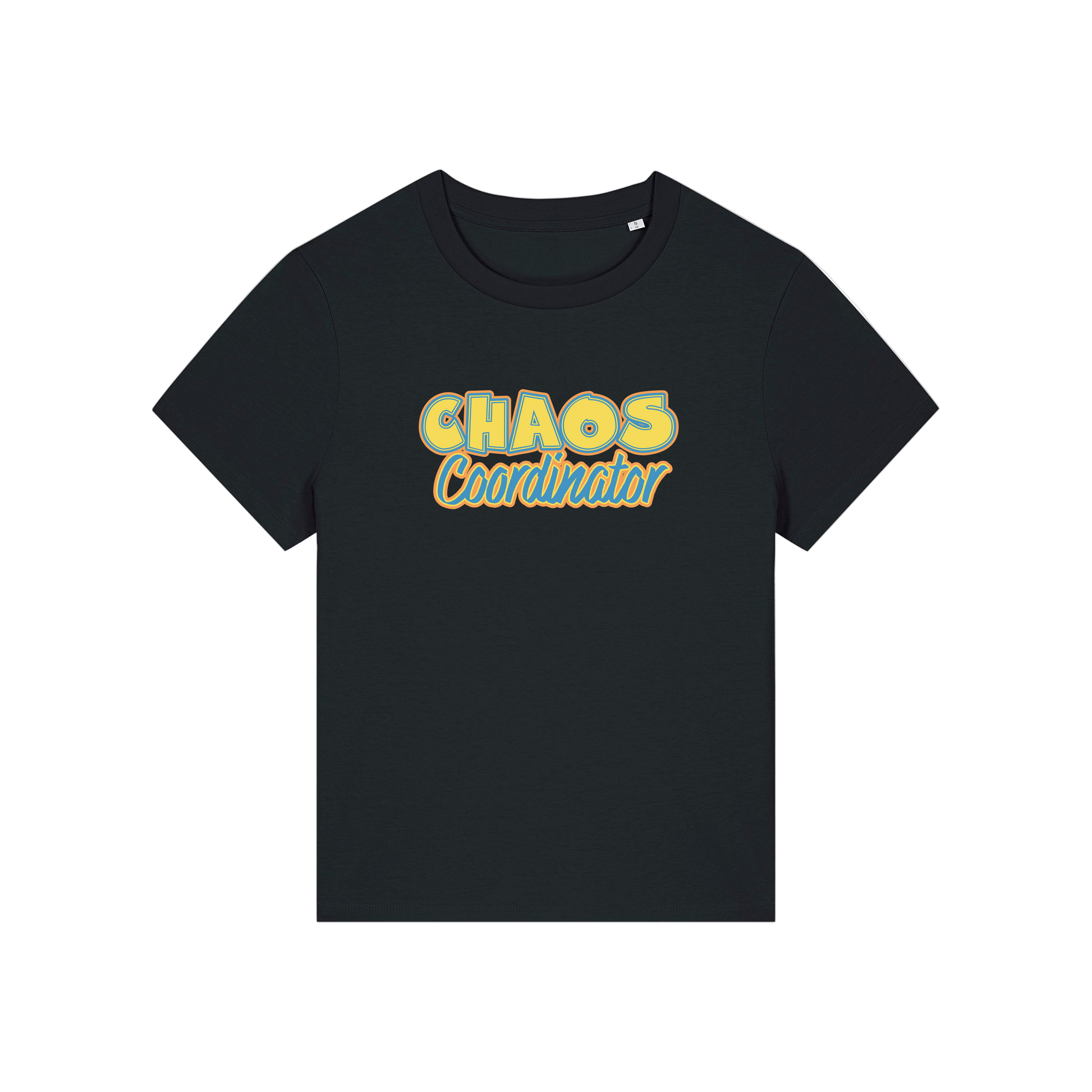black slogan t-shirt with 'chaos coordinator'