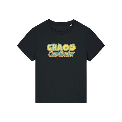 black slogan t-shirt with 'chaos coordinator'