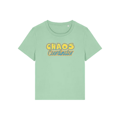 green slogan t-shirt with 'chaos coordinator'
