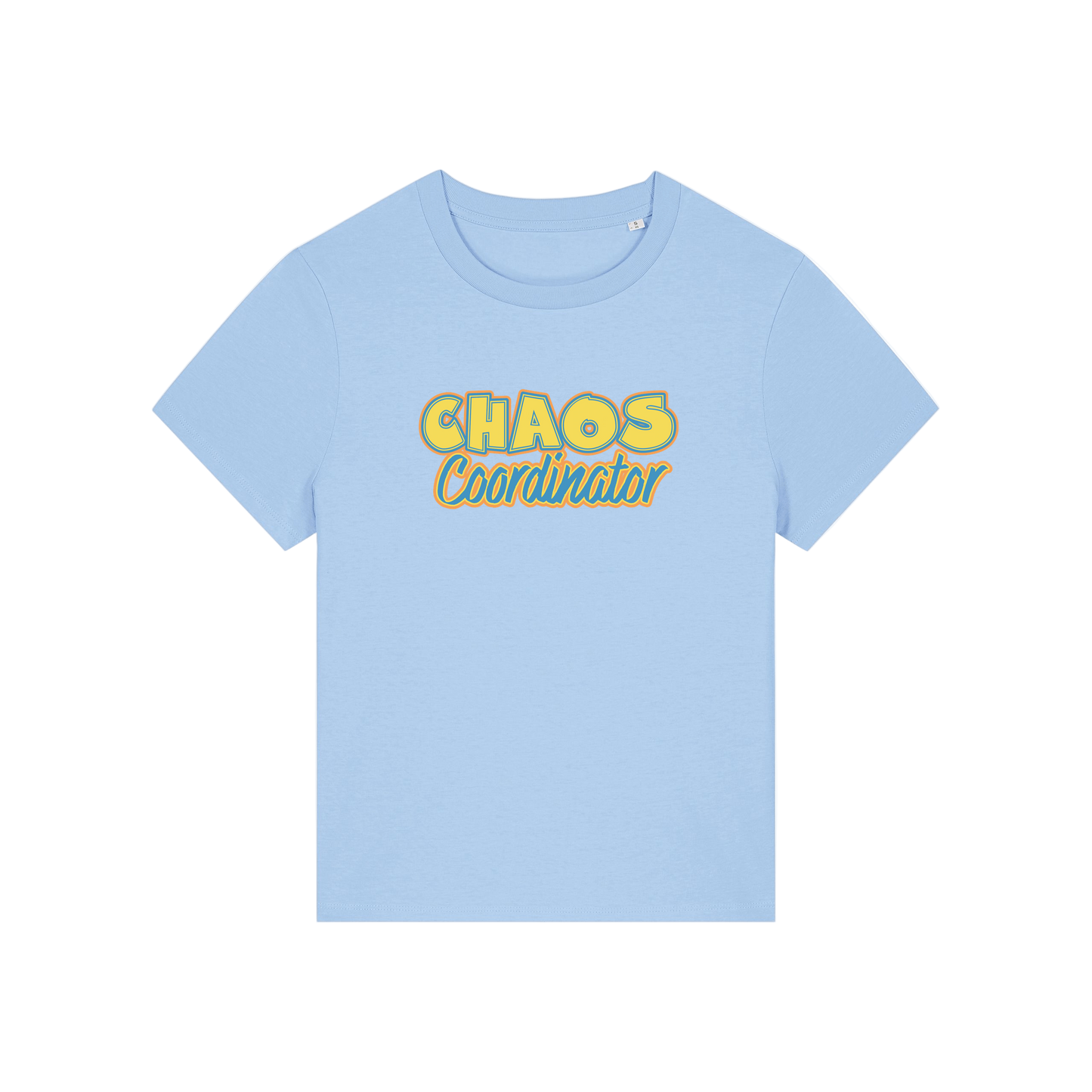 light blue slogan t-shirt with 'chaos coordinator'