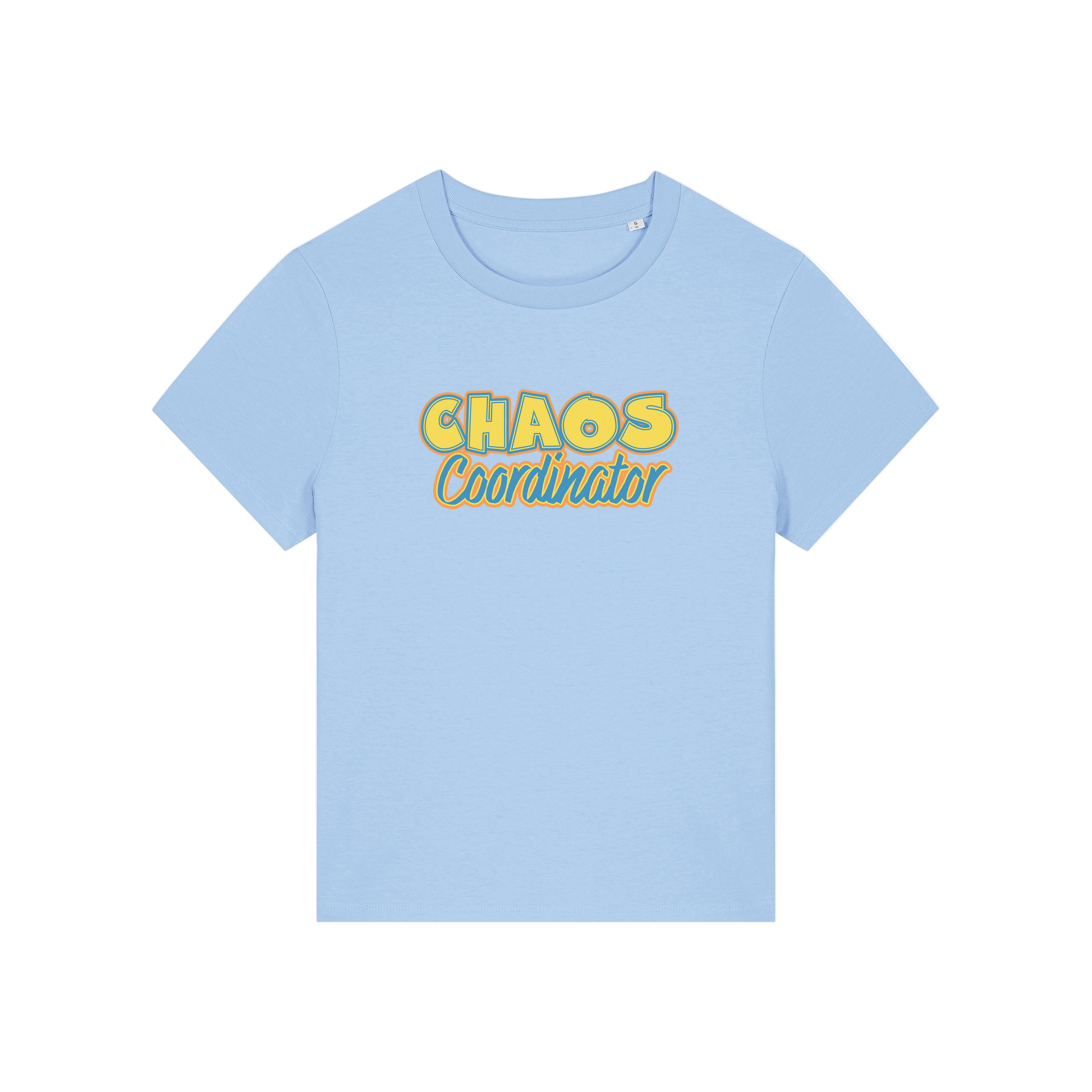 light blue slogan t-shirt with 'chaos coordinator'