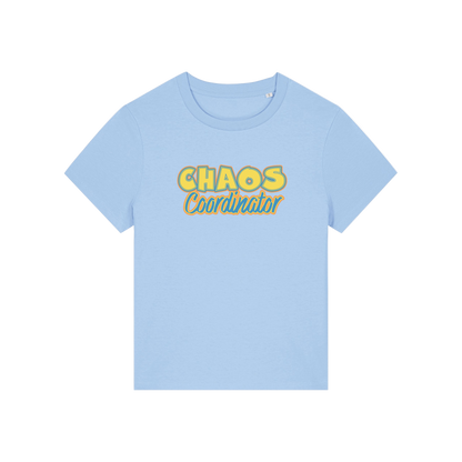 light blue slogan t-shirt with 'chaos coordinator'