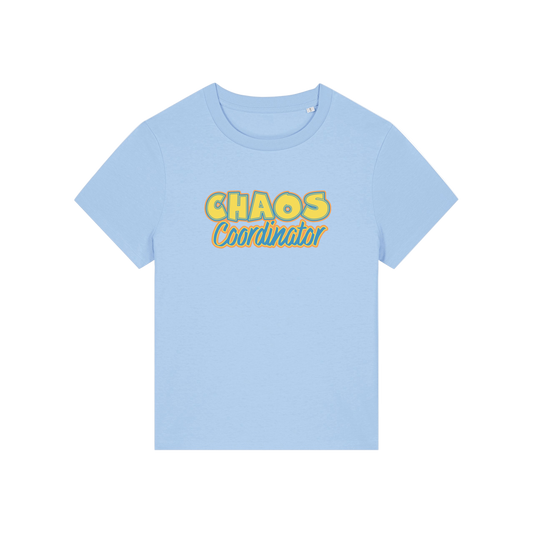 light blue slogan t-shirt with 'chaos coordinator'