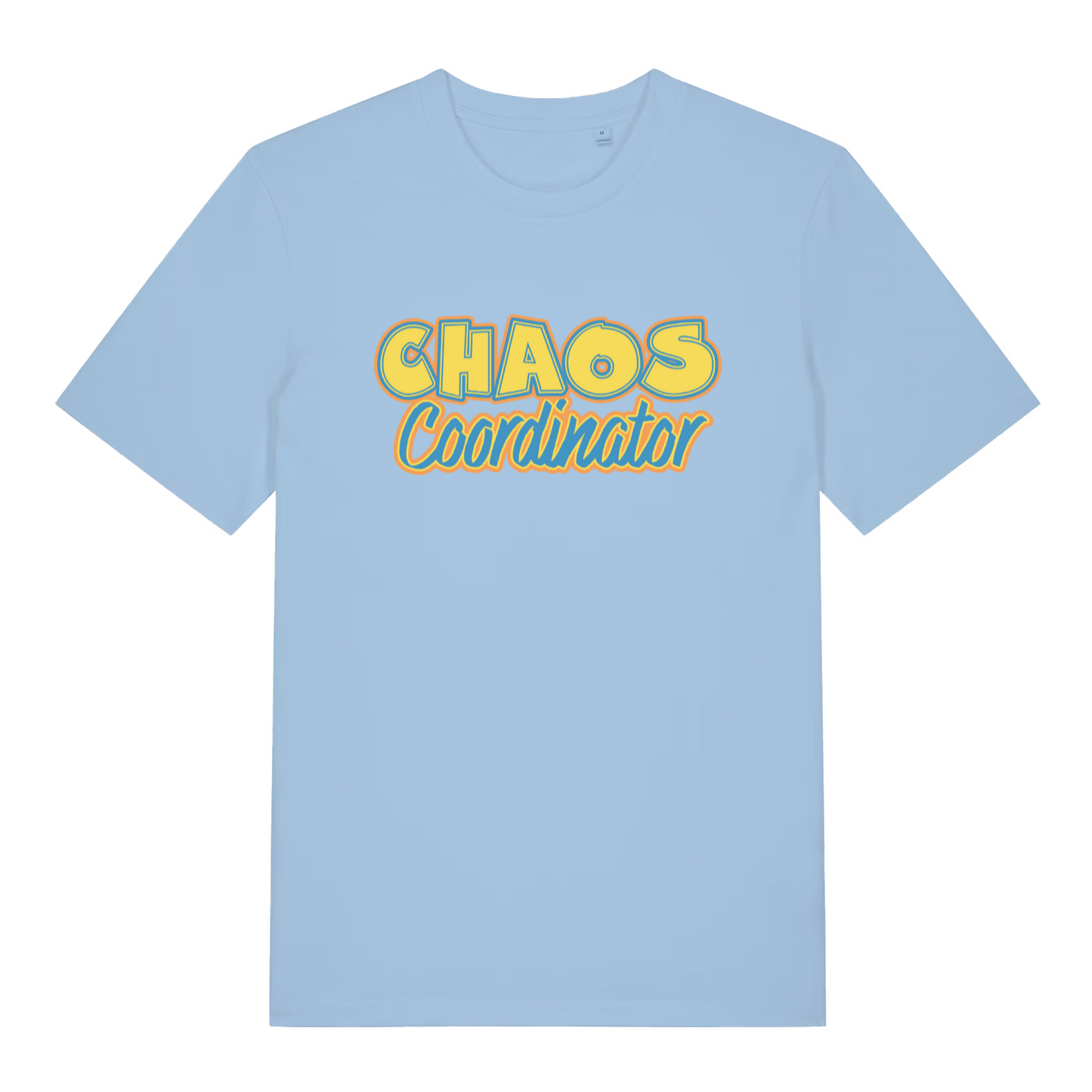 light blue women's slogan t-shirt with the text 'chaos coordinator'