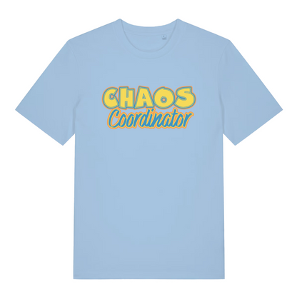 light blue women's slogan t-shirt with the text 'chaos coordinator'