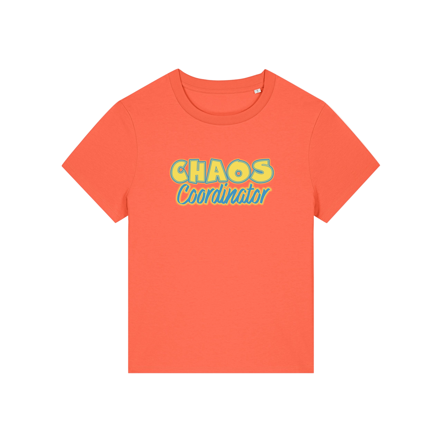 orange slogan t-shirt with 'chaos coordinator'