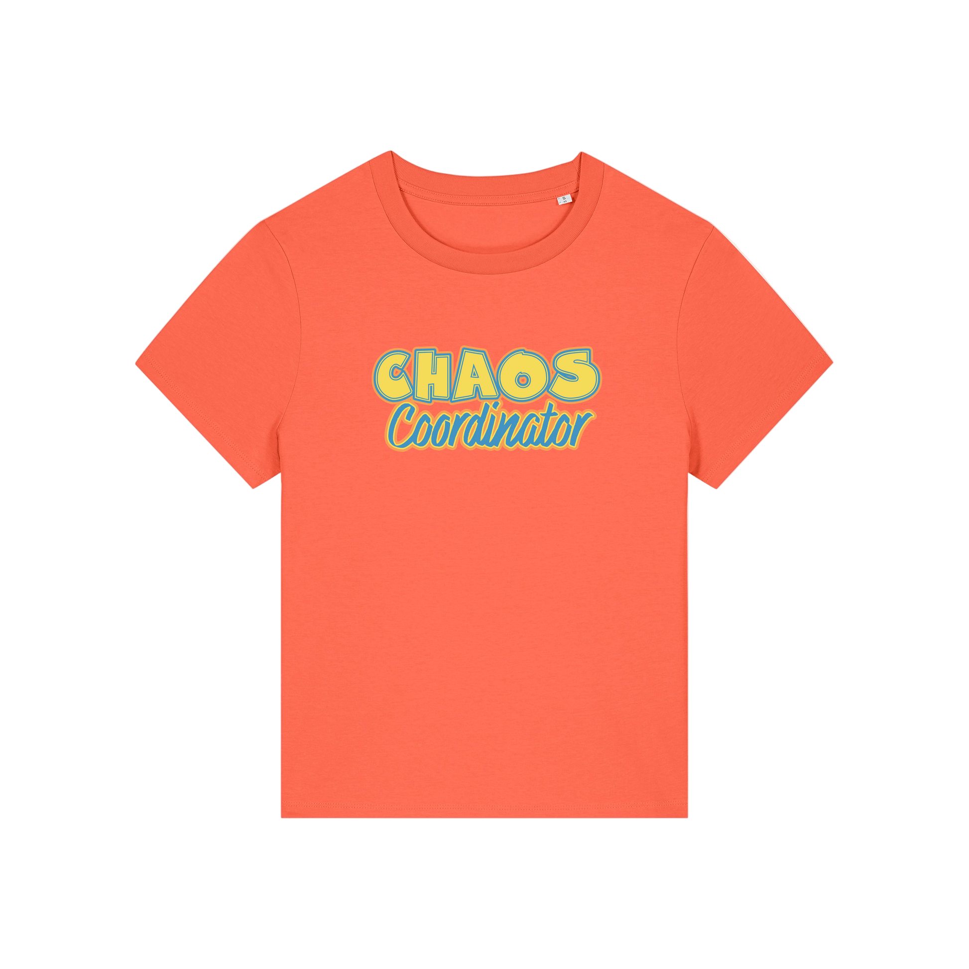orange slogan t-shirt with 'chaos coordinator'