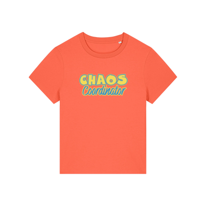 orange slogan t-shirt with 'chaos coordinator'