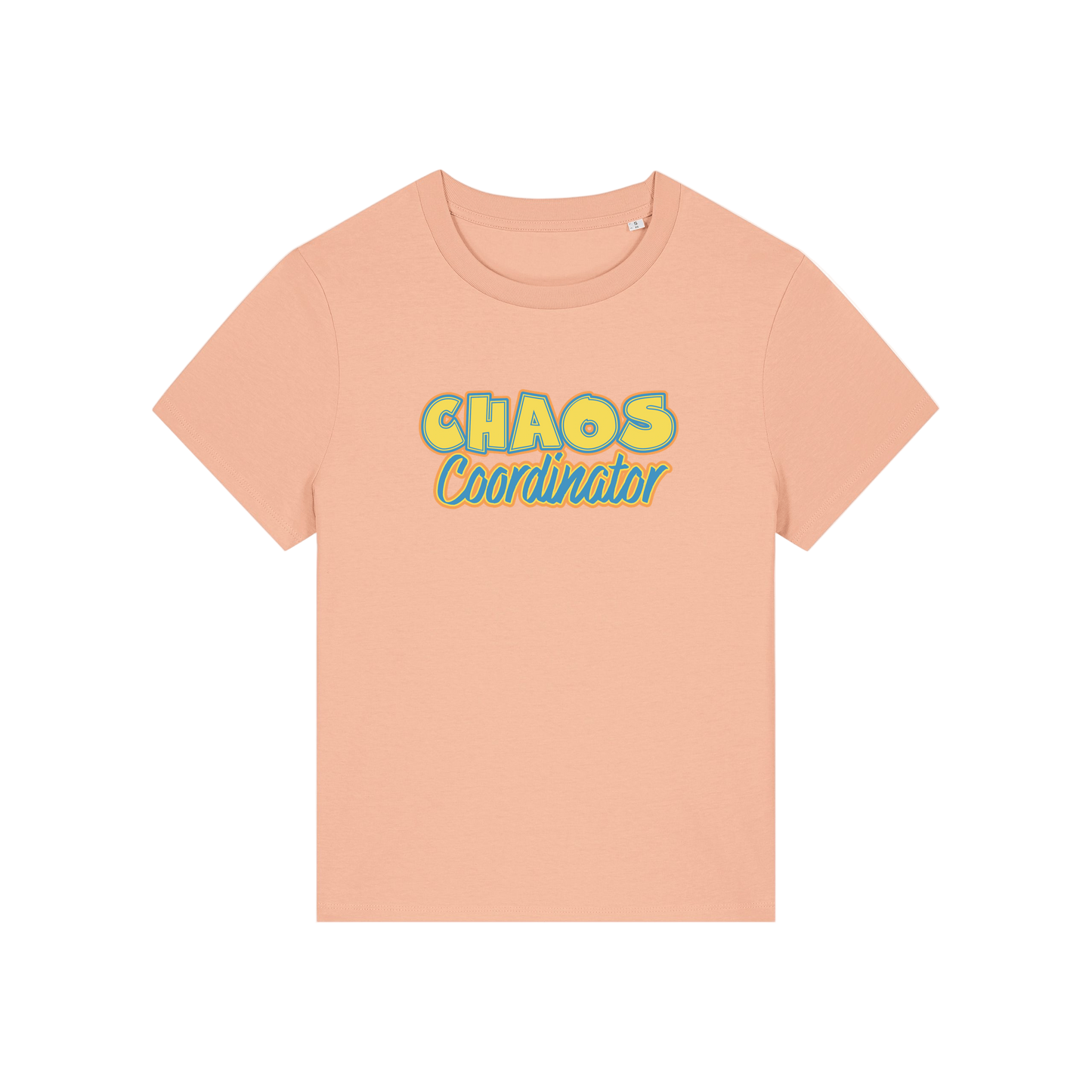 peach slogan t-shirt with 'chaos coordinator'