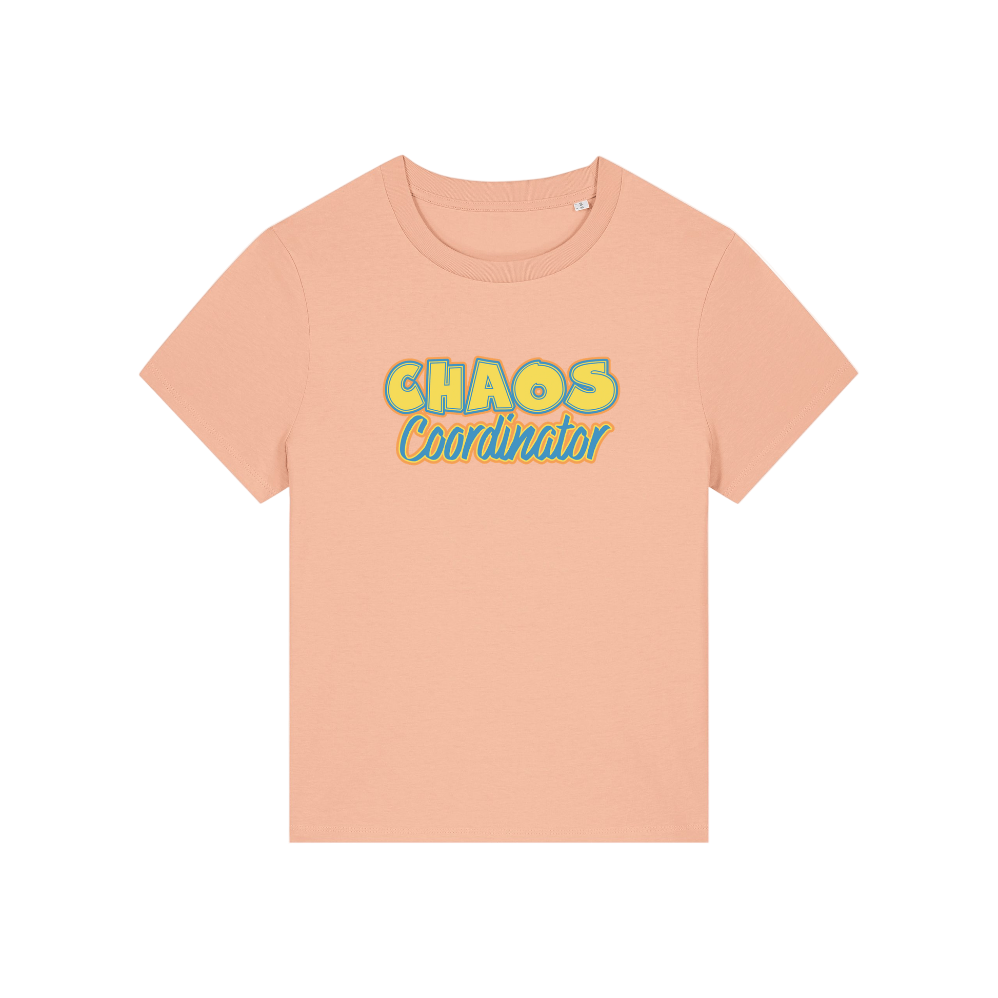 peach slogan t-shirt with 'chaos coordinator'