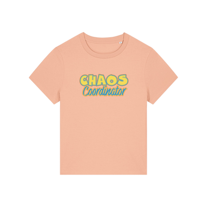 peach slogan t-shirt with 'chaos coordinator'