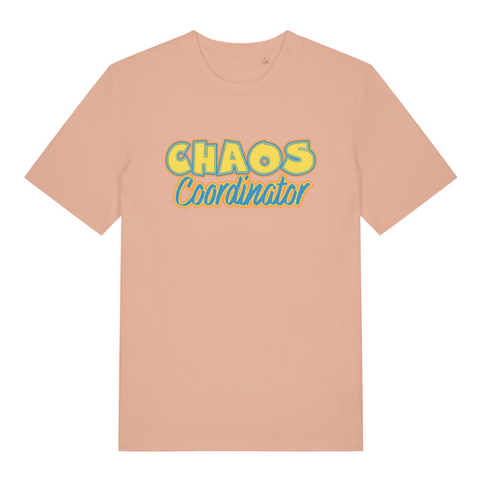 peach women's slogan t-shirt with the text 'chaos coordinator'