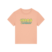 peach slogan t-shirt with 'chaos coordinator'