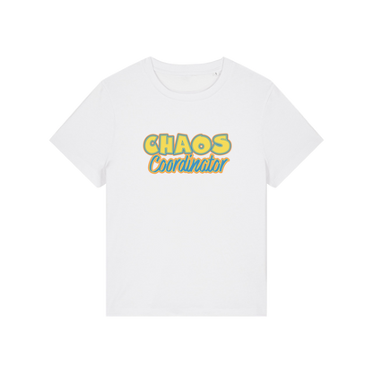 white slogan t-shirt with 'chaos coordinator'