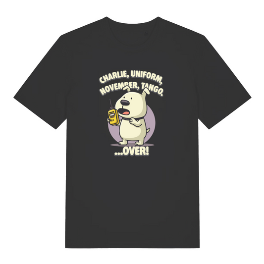 black women's funny animal t-shirt with the graphic of a dog with a walkie talkie and the slogan 'charlie, uniform, november, tango .. over'