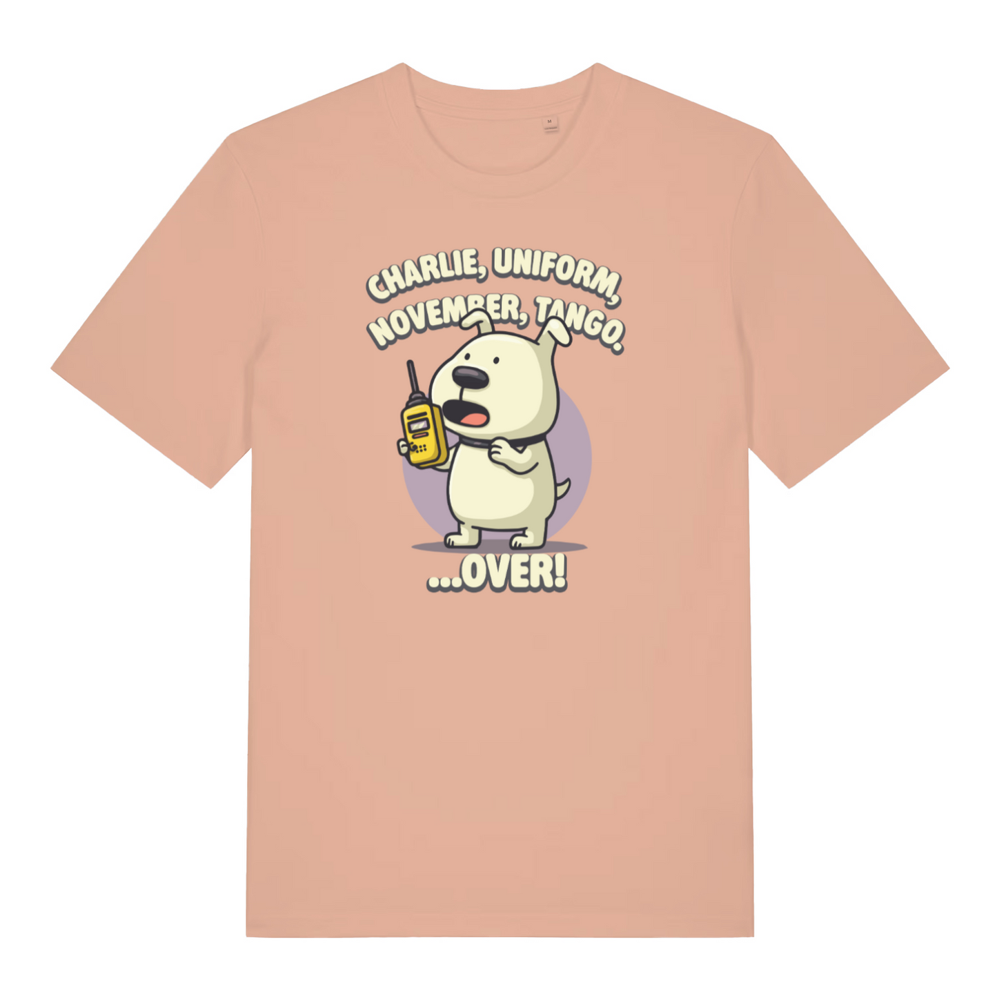 peach funny offensive t-shirt with the graphic of a dog talking on a walkie talkie and the logan 'charlie, uniform, november, tango, over'