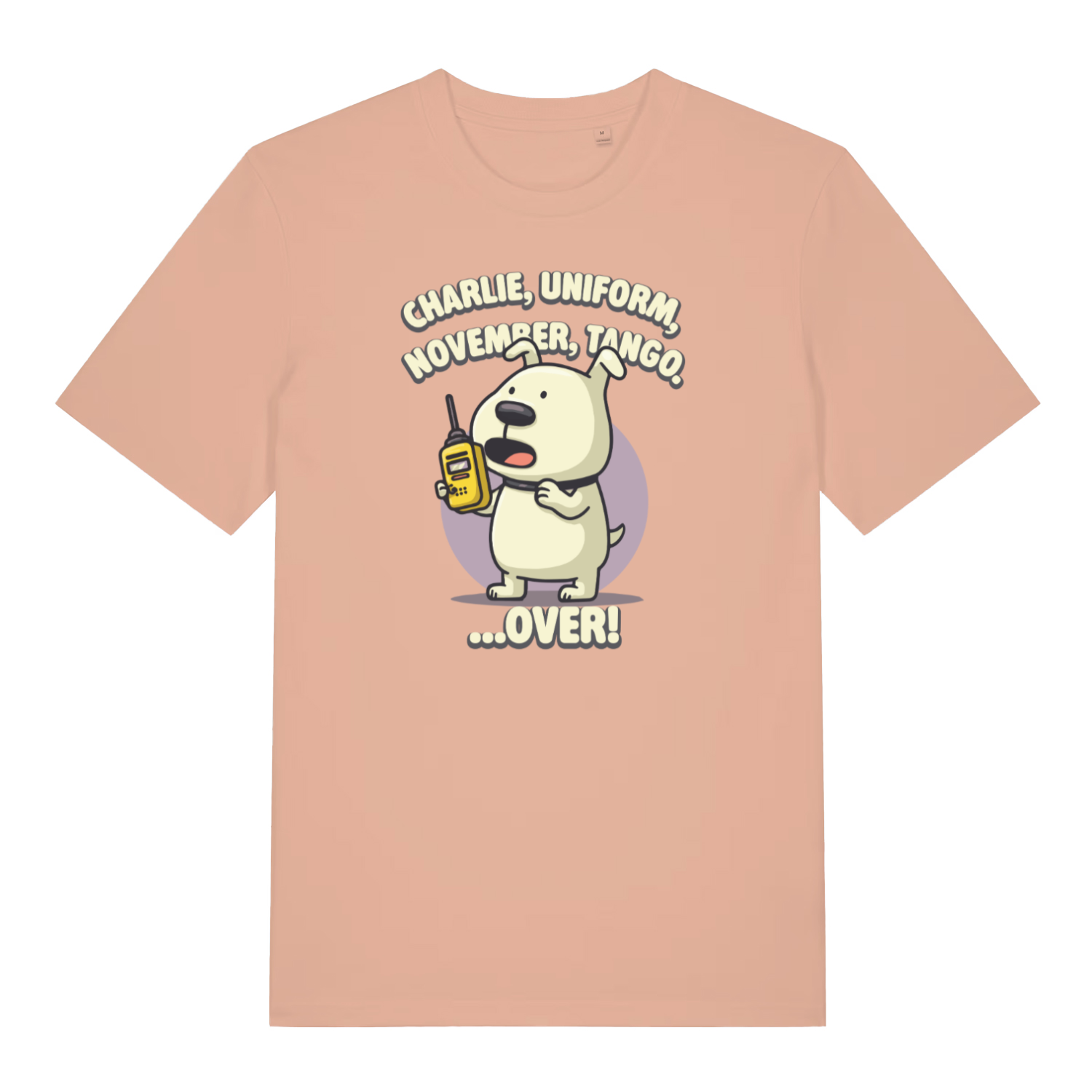 peach funny offensive t-shirt with the graphic of a dog talking on a walkie talkie and the logan 'charlie, uniform, november, tango, over'