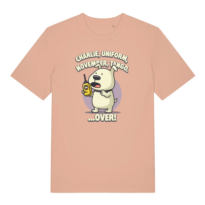 peach funny offensive t-shirt with the graphic of a dog talking on a walkie talkie and the logan 'charlie, uniform, november, tango, over'