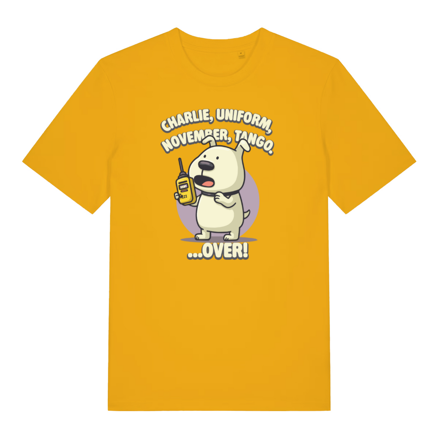 yellow funny offensive t-shirt with the graphic of a dog talking on a walkie talkie and the logan 'charlie, uniform, november, tango, over'
