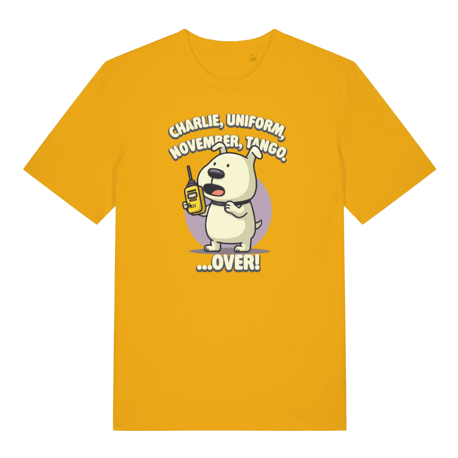 yellow funny offensive t-shirt with the graphic of a dog talking on a walkie talkie and the logan 'charlie, uniform, november, tango, over'