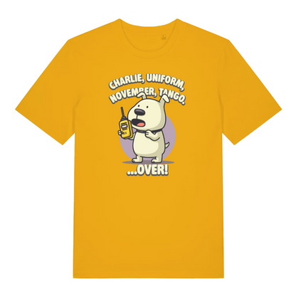 yellow funny offensive t-shirt with the graphic of a dog talking on a walkie talkie and the logan 'charlie, uniform, november, tango, over'