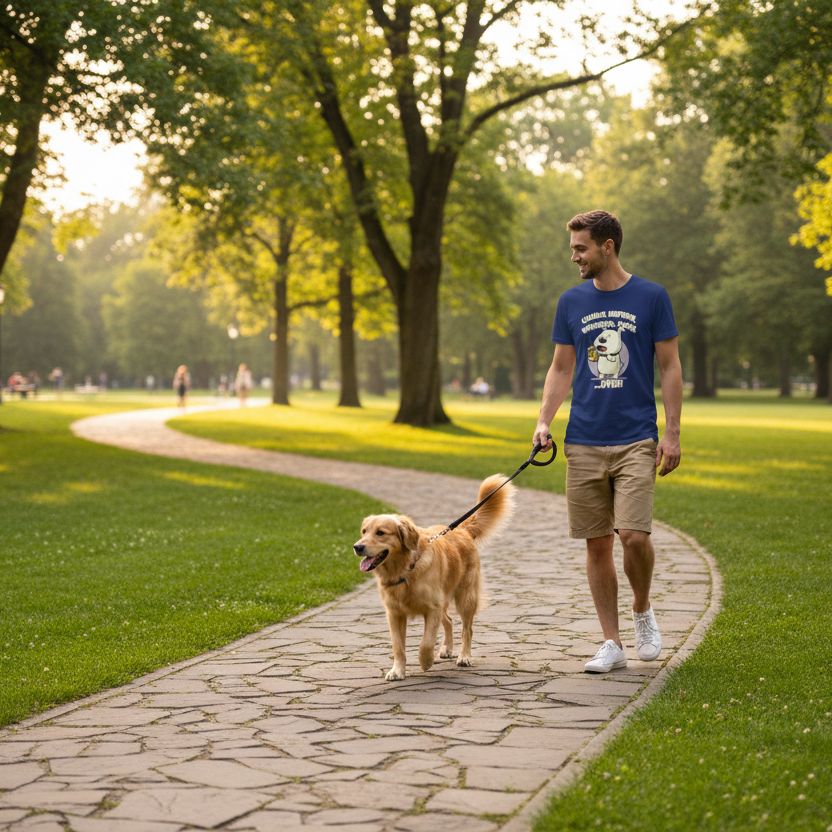 Man walking a dog on a leash in a park wearing a blue t-shirt with the graphic of a dog