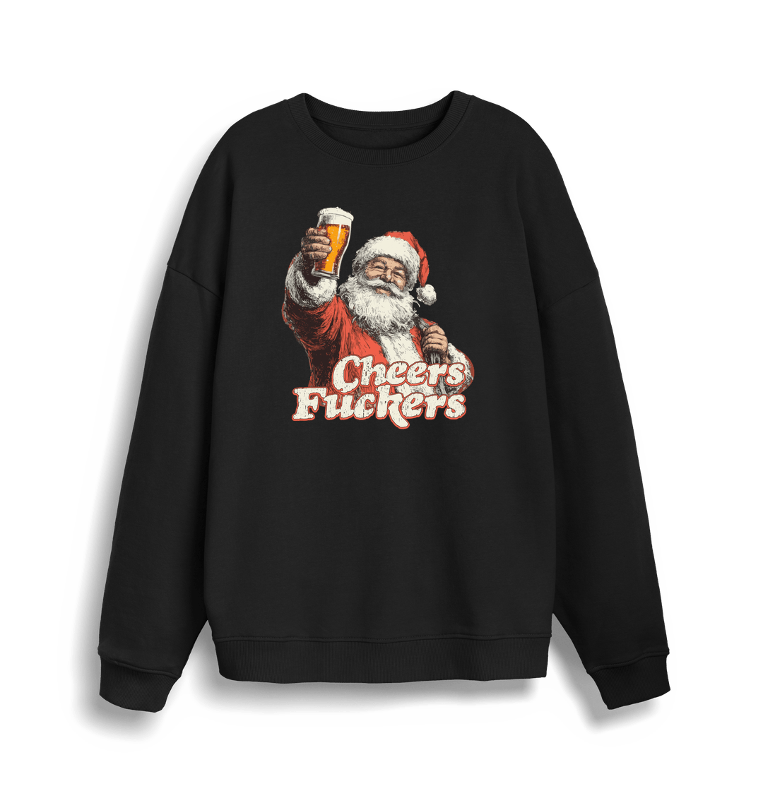 black christmas sweater with the graphic of santa raising a pint and the slogan 'cheers fuckers'