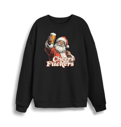 black christmas sweater with the graphic of santa raising a pint and the slogan 'cheers fuckers'