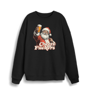 black christmas sweater with the graphic of santa raising a pint and the slogan 'cheers fuckers'