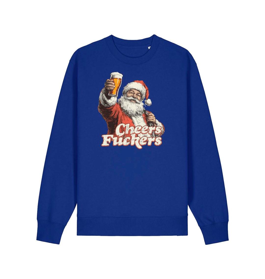 blue christmas sweater with the graphic of santa raising a pint and the slogan 'cheers fuckers'