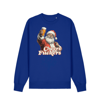 blue christmas sweater with the graphic of santa raising a pint and the slogan 'cheers fuckers'