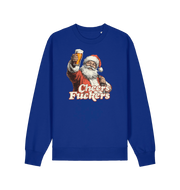 blue christmas sweater with the graphic of santa raising a pint and the slogan 'cheers fuckers'