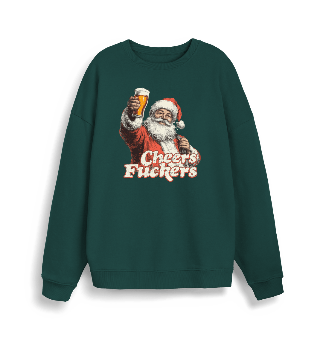 green christmas sweater with the graphic of santa raising a pint and the slogan 'cheers fuckers'