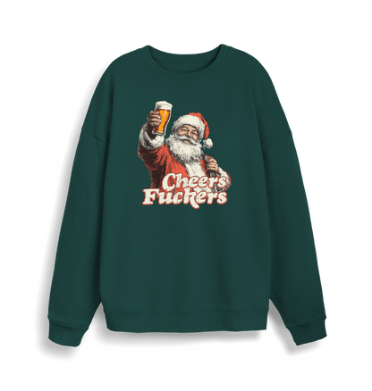 green christmas sweater with the graphic of santa raising a pint and the slogan 'cheers fuckers'