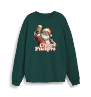 green christmas sweater with the graphic of santa raising a pint and the slogan 'cheers fuckers'