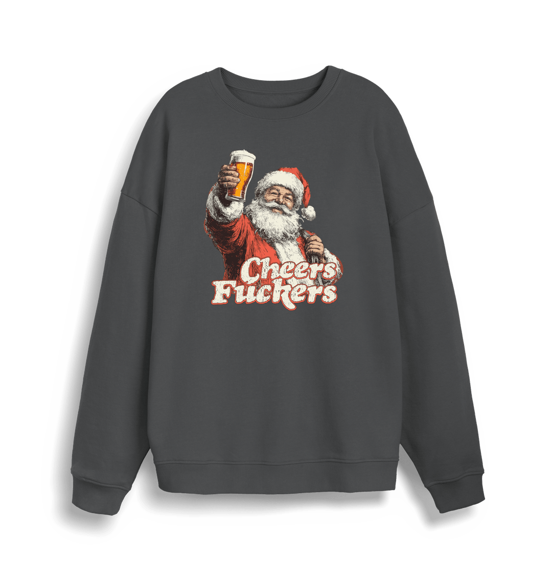 grey christmas sweater with the graphic of santa raising a pint and the slogan 'cheers fuckers'