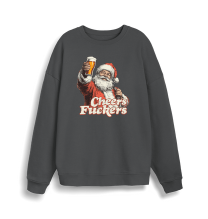 grey christmas sweater with the graphic of santa raising a pint and the slogan 'cheers fuckers'
